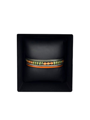 Multilayer Brown Leather, Green Woven Rope and Brown & Green Stone Bracelet