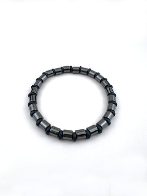 Hematite Stone, cylinder shape with blue discs Stretch Bracelet