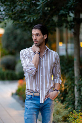 Comfort Fit Stripe Light Brown & White Shirt