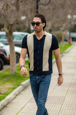 Comfort Fit Short Sleeve Dark Blue and Beige Stripe Shirt