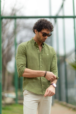 Casual Fit Long Sleeve Olive Green linen Shirt