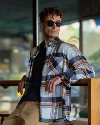 Brown-Dark Navy Long Sleeve Flannel Shirt