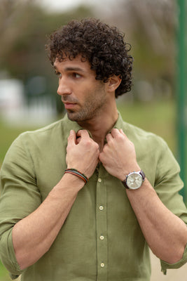 Casual Fit Long Sleeve Olive Green linen Shirt