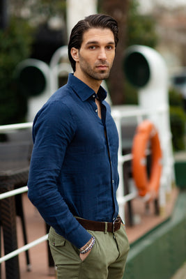Casual Fit Long Sleeve Navy Blue Linen Shirt