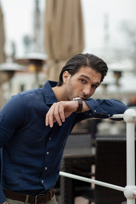 Casual Fit Long Sleeve Navy Blue Linen Shirt