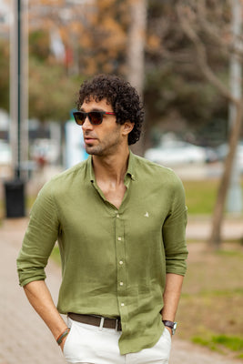 Casual Fit Long Sleeve Olive Green linen Shirt