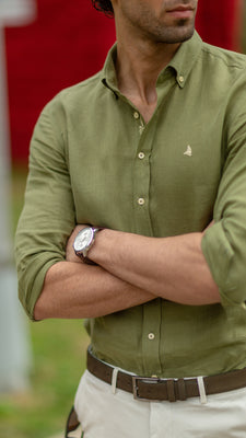 Casual Fit Long Sleeve Olive Green linen Shirt