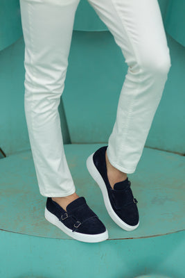 Monk Strap Suede Leather Navy Blue Shoes